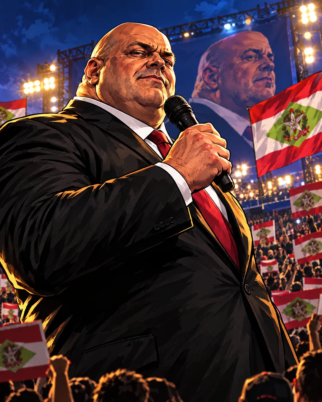 O candidato careca discursando num comício lotado