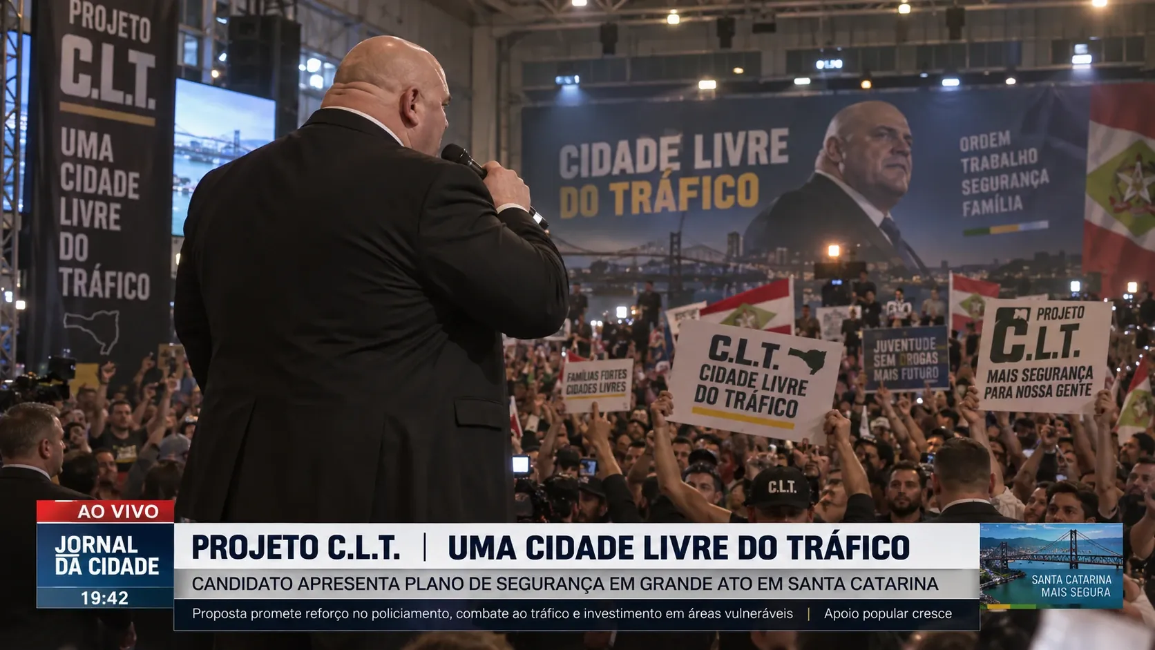 Telejornal ao vivo: Projeto C.L.T., uma cidade livre do tráfico