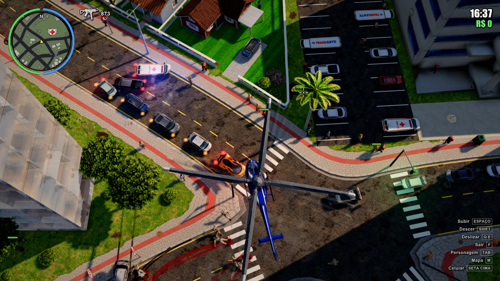 Helicóptero sobre avenida com comboio policial