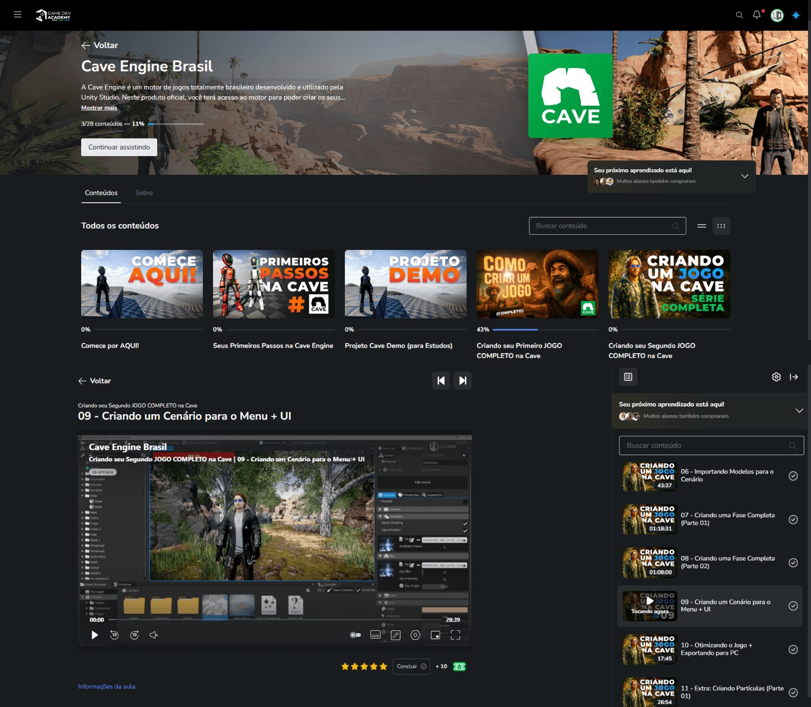 Área de membros da Cave Brasil com o curso completo em vídeo